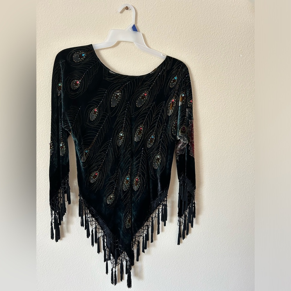 Gorgeous Blouse Tops Poncho Style Rich Velvet, Peacock embroidery beaded tassels